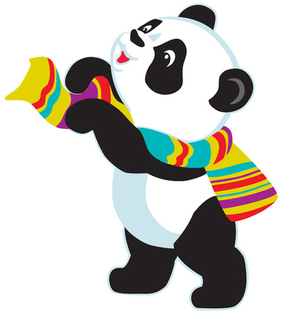 cartoon panda bear wearing colorful knitted scarf, isolated image for little kidsのイラスト素材
