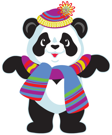 cartoon panda bear wearing colorful knitted hat and scarf, isolated image for little kidsのイラスト素材