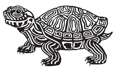 cartoon red eared slider turtle. Black and white imageのイラスト素材