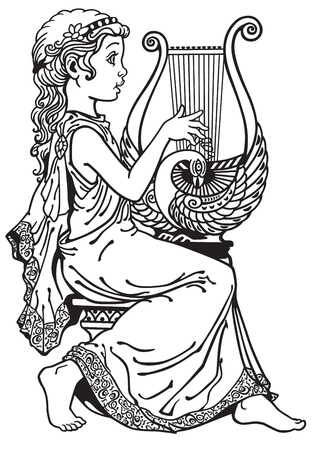 little girl playing lyre . Black and white side view imageのイラスト素材