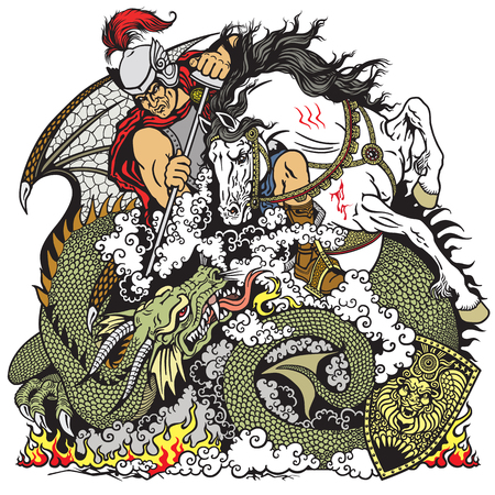 St George the knight on horseback fighting a dragonのイラスト素材