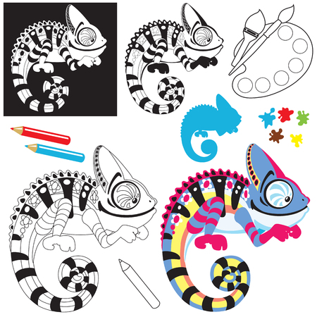 cartoon chameleon lizard , side view color and outline imagesのイラスト素材