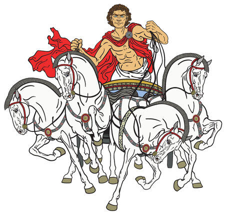 charioteer in a roman quadriga chariot pulled by four horses harnessed abreastのイラスト素材