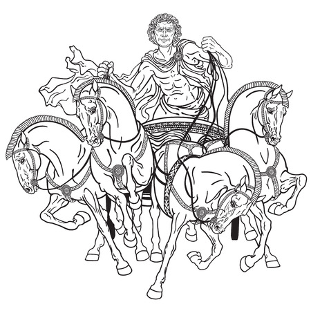charioteer in a roman quadriga chariot pulled by four horses harnessed abreast . Black and white illustrationのイラスト素材