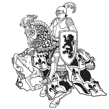 medieval knight riding armored horse in gallop. Black and white imageのイラスト素材
