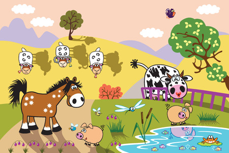 cartoon farm animals : sheep, horse ,cow and pig in the pasture field at evening. Rural landscape . Children illustrationのイラスト素材