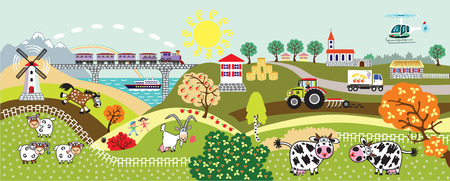 cartoon countryside rural landscape with farm animals,tractor, train, helicopter and mill. Children illustration vector bannerのイラスト素材