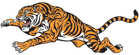Tiger jump. Angry big cat. Tattoo vector isolated on whiteのイラスト素材