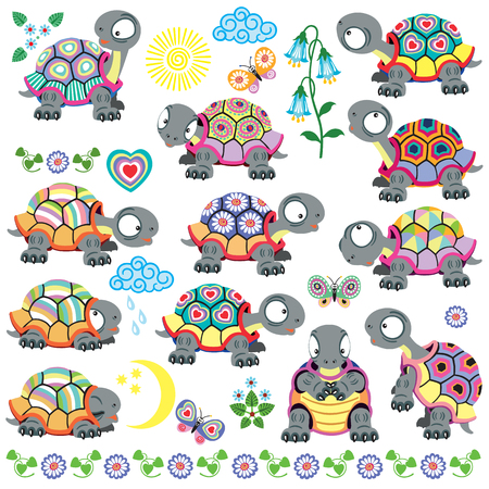 Cartoon set of decorative tortoise for babies and little kids . Vector isolated on whiteのイラスト素材