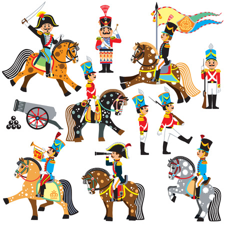 cartoon soldiers toys of Napoleonic era. Infantry and cavalry army for little kids .Vector isolated on whiteのイラスト素材