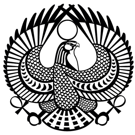 Falcon ancient Egyptian symbol of god Horus .Black and white vector tattooのイラスト素材