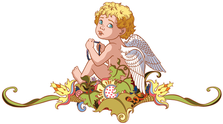 Cartoon little angel sitting on floral ornament. Vector isolated on whiteのイラスト素材