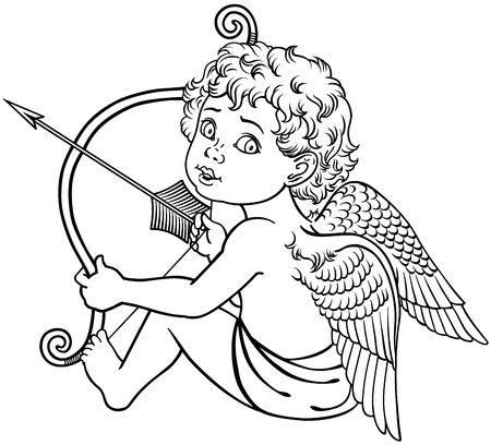 cartoon little angel cupid sitting and  holding a bow with arrow. Black and white outline vectorのイラスト素材