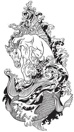 mythological sea horse hippocampus or hippocamp.  Black and white tattoo vector illustrationのイラスト素材