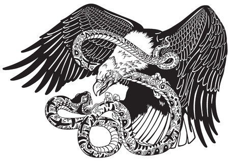 Eagle battling a snake serpent. Black and white tattoo style vector illustrationのイラスト素材
