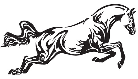 Flaming horse in the jump . Side view tribal tattoo style vector illustration . Black and whiteのイラスト素材