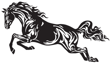 Jumping horse stallion . Side view . Black and white tribal tattoo style vector illustrationのイラスト素材