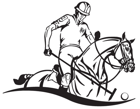 Equestrian polo player and pony horse . Horseman sitting on a horseback and holding a long handled wooden mallet sick to hit a ball . Equine sport emblem badge .のイラスト素材