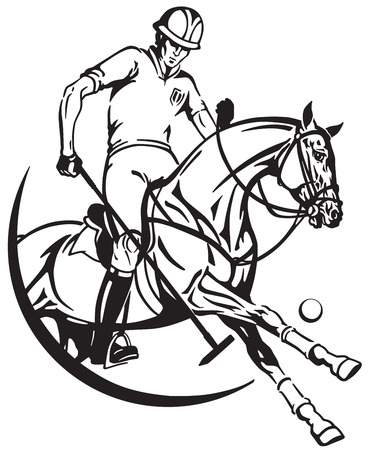 A polo player sitting on a pony horseback and holding a long handled wooden mallet to hit a ball .のイラスト素材