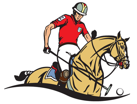 Equestrian polo player and pony horse . Horseman sitting on a horseback and holding a long handled wooden mallet sick to hit a ball . Equine sport emblem badge . Vector illustrationのイラスト素材