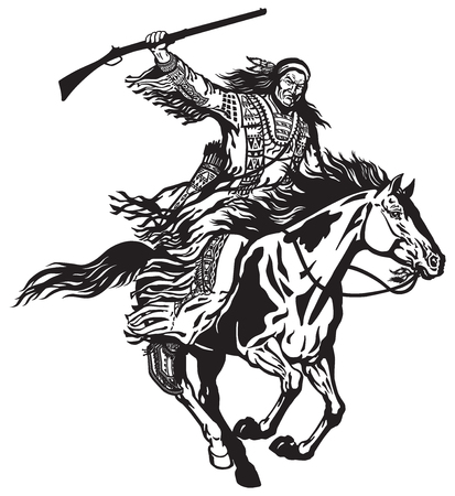 American native Indian man holding a rifle and riding a pinto colored pony horse in the gallop . Nomadic horseman warrior or hunter on a mustang in the gallop .Black and white isolated vector illustrationのイラスト素材