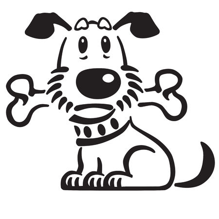 cartoon puppy dog with a bone in his mouth . Black and white vector illustration. Emblem , iconのイラスト素材
