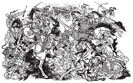 Battle between Mongols clans and tribes .Time of Genghis Khan .Medieval Asian cavalry warriors fighting with swords and nomads archery shooting a bow and arrows. . Black and white vector illustrationのイラスト素材