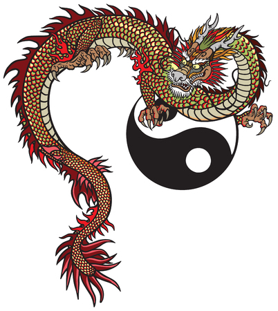 Eastern dragon and Yin Yang symbol. Tattoo vector illustrationのイラスト素材