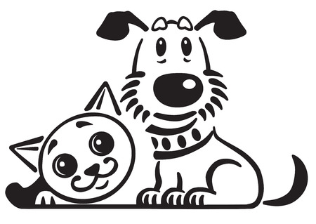 cartoon puppy dog and cat . Logo, icon , emblem . Black and white vectorのイラスト素材