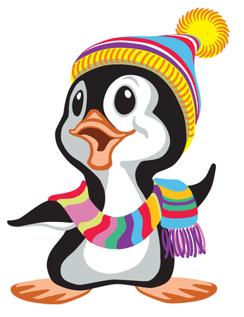 cartoon penguin wearing a colorful knitted scarf and a hat . Vector illustration for baby and little kidのイラスト素材