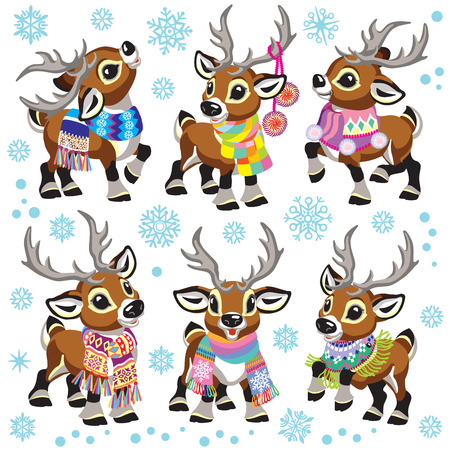 set of cartoon reindeer wearing a colorful knitted scarf . Collection of funny Christmas tiny caribou deer in different poses. Vector illustration for baby and little kidのイラスト素材