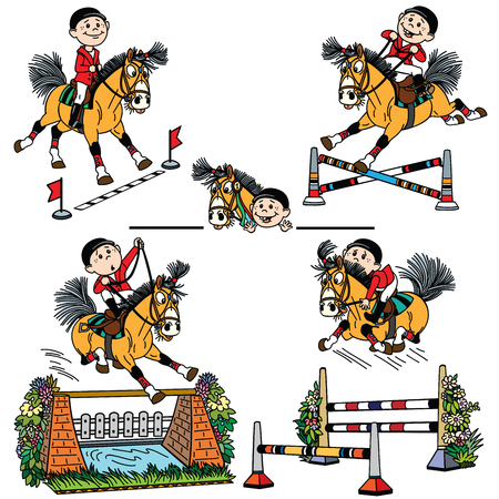 cartoon boy riding a pony horse and jumps over obstacle on show jumping competition . Funny equestrian sport .Set of vector illustrationsのイラスト素材