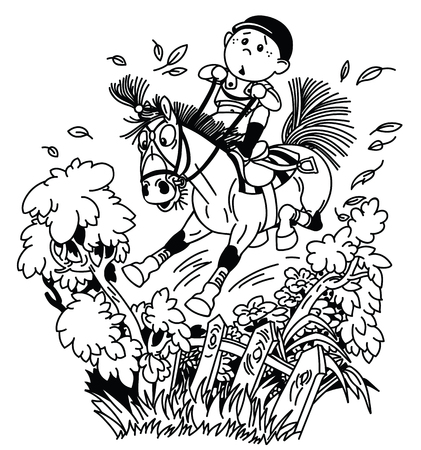 cartoon kid jockey riding his pony horse and training to jump over fence. Funny equestrian cross country jumping sport. black and white outline vector illustrationのイラスト素材