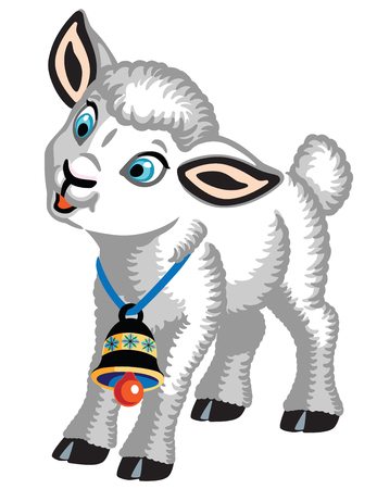 cartoon little lamb with a bell on neck . Baby sheep isolated on white . Vector illustrationのイラスト素材