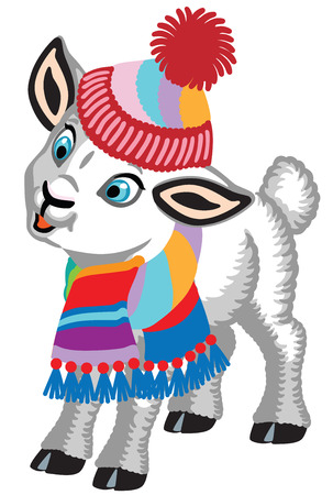 cartoon baby sheep wearing a warm knitted scarf and hat . Cute  lamb isolated on white . Vector illustration for little kidsのイラスト素材