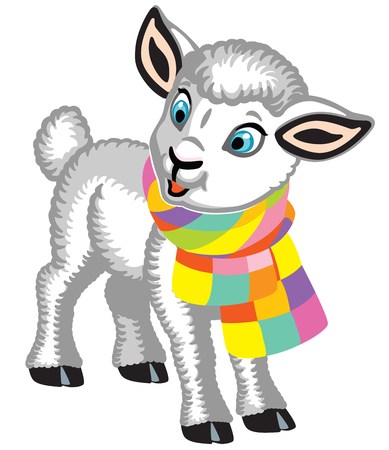 cartoon baby sheep wearing a colorful knitted scarf . Cute white lamb . Isolated vector illustration for little kidsのイラスト素材