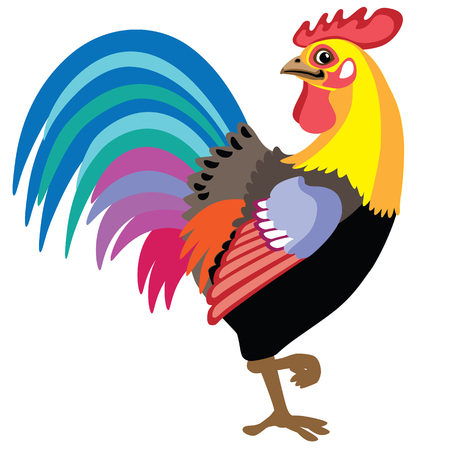 cartoon rooster standing on one leg. Side view isolated vector illustrationのイラスト素材