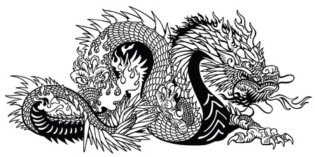 Chinese dragon. Eastern or Asian symbolic mythological creature. Side view. Black and white tattoo style vector illustrationのイラスト素材