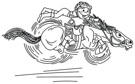 cartoon horse racing derby . Little boy  jockey riding a pony very fast in a race . Funny equestrian sport . Black and white vector illustration. Coloring pageのイラスト素材
