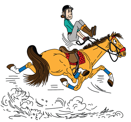 cartoon rider riding a horse . The adult man sitting on a fast trotting horseback and trying to balance in the saddle . Lesson of equestrian sport . Side view vector illustrationのイラスト素材