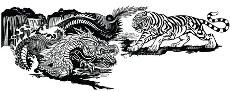 Chinese East Asian dragon versus tiger . Two spiritual creatures in the Buddhism representing the spirit heaven and matter earth. Black and white graphic style vector illustrationのイラスト素材
