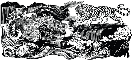 Chinese East Asian dragon versus tiger in the landscape with waterfall and water waves . Two spiritual creatures in the Buddhism representing the spirit heaven and matter earth. Black and white graphic style vector illustrationのイラスト素材