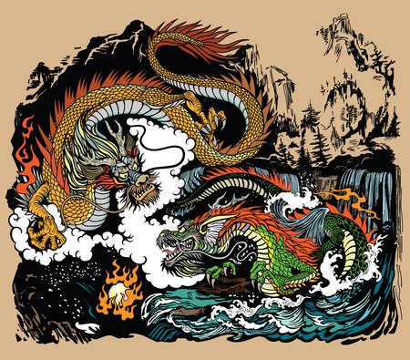 Two Chinese East Asian dragons encircling a flaming pearl. Landscape with waterfalls, mountains, clouds and water waves. Graphic style vector illustrationのイラスト素材