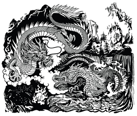 Two Chinese East Asian dragons encircling a flaming pearl. Landscape with waterfalls, mountains, clouds and water waves. Black and white graphic style vector illustrationのイラスト素材