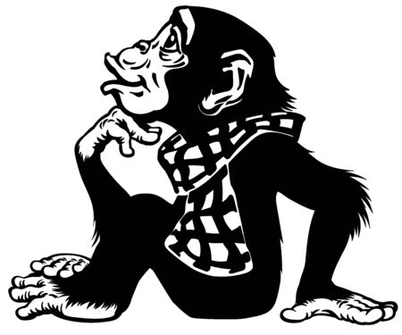 Cartoon intelligent Chimpanzee wearing a scarf. Great ape or chimp monkey sitting in thinker pose and looking up. His one hand on chin. Romantic emotion.Black and white side view vector illustrationのイラスト素材
