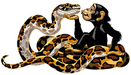 Cartoon chimpanzee and python snake friendship. Great ape or chimp monkey holding a head of charming big boa and sending air kiss. Cheerful and attractive emotion. Isolated side view vector illustrationのイラスト素材