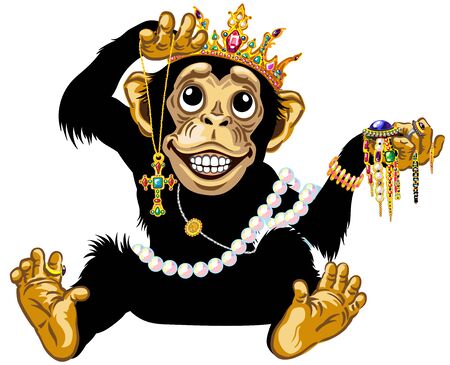cartoon chimp monkey or chimpanzee great ape wearing a gold crown, playing with gemstone jewelry and holding a necklace with golden cross, feels admiration, expresses joyful emotions, has toothy smile. Isolated vector illustrationのイラスト素材