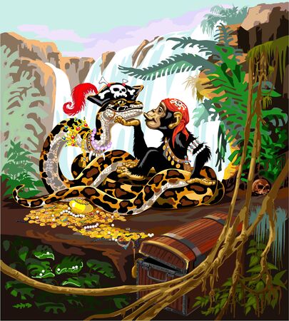 Cartoon chimpanzee and python boa on the pirate island. Great ape or chimp monkey and big snake near the treasure and wooden chest. Rainforest landscape with plants and waterfall. Children vector illustrationのイラスト素材