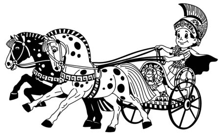 cartoon boy warrior in a roman chariot pulled by two horses. Black and white outline vector illustration for little kidsのイラスト素材
