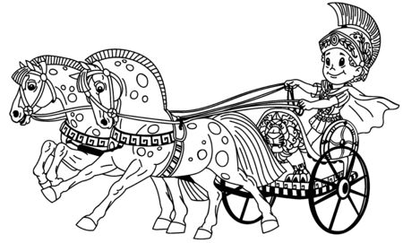 cartoon boy warrior in a roman chariot pulled by two horses. Black and white outline vector illustration. Coloring page for little kidsのイラスト素材